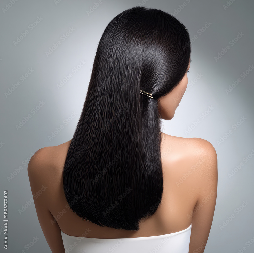 Naklejka premium Asian woman with smooth straight black hair, elegant hair clip, bare shoulders, studio lighting, beauty and confidence