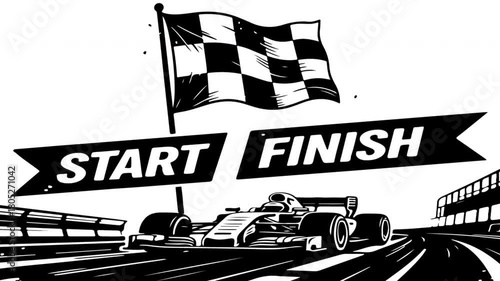 Racing flag car vintage monochrome, art video illustration.