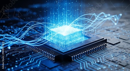 Futuristic glowing computer processor with blue digital energy waves emanating outwards
