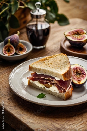 Close-Up of Handmade Italian Panini with Prosciutto, Ricotta, and Layered Fresh Figs