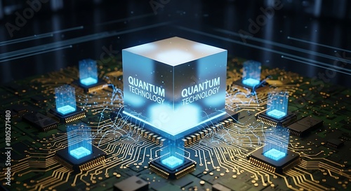 Futuristic quantum computer processor with glowing blue qubits and intricate circuitry