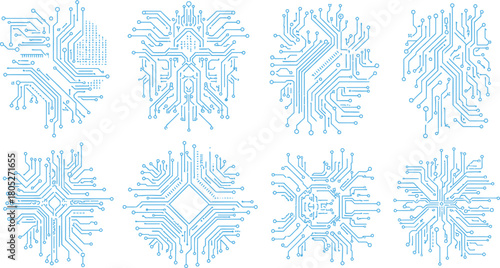 Unlock futuristic designs with eight unique circuit board patterns in bright blue for your tech projects and add a modern digital edge to your artwork