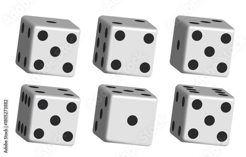 White dice with black dots. Vector set isolated on white background. 3d dice.