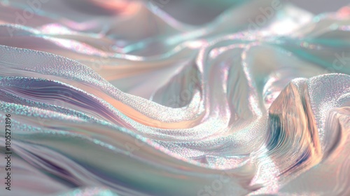 A piece of fabric with a wave pattern and a rainbow color. The fabric is made of a shiny material that looks like it's made of plastic