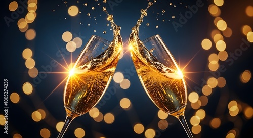 champagne glasses clinking together in celebration, golden sparkling wine splashing with glittering bokeh lights.