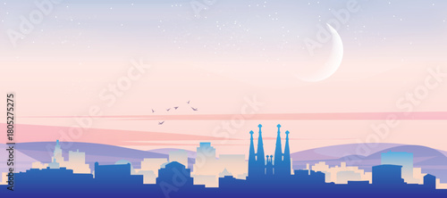 Panoramic poster of the city skyline with misty background buildings, hills sunrise, sunset and clouds of BARCELONA, SPAIN