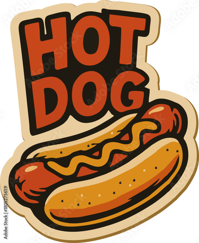 Cartoon hot dog in a bun with mustard zigzags, placed under bold red and orange 'HOT DOG' text on a beige speech bubble background