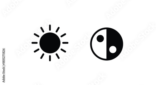 Simple black and white icons depicting a sun and a yin yang symbol