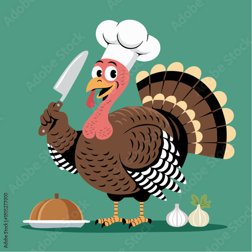 Thanksgiving turkey chef with carving knife and covered dish cartoon vector