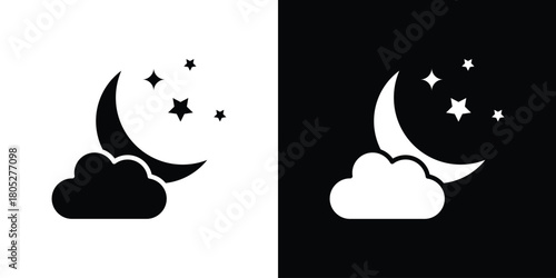 Cloud moon icons in black and white shilhouette style for App Ui
