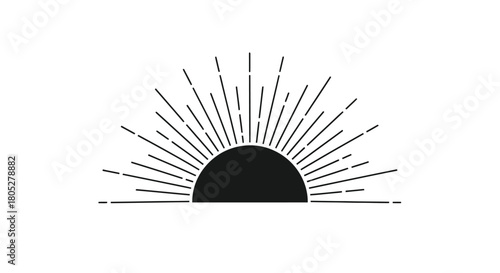 Minimalist sunburst design showing a dark semicircle with radiating lines