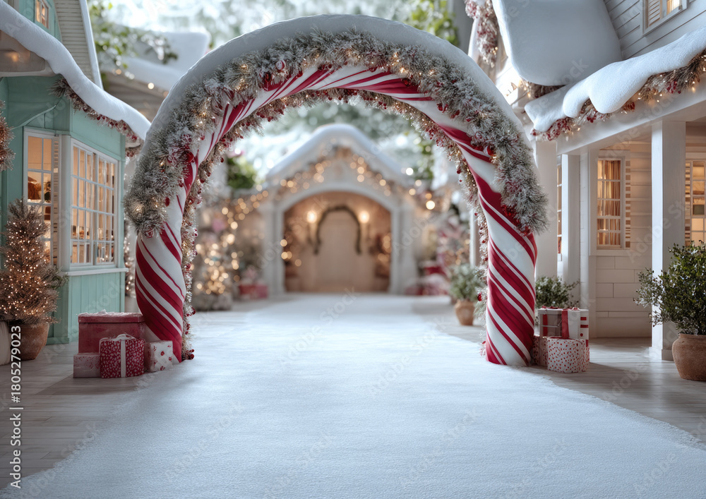 Naklejka premium Festive christmas arch with candy cane stripes, snow covered village, holiday lights, winter, cheerful, decorated, gift box
