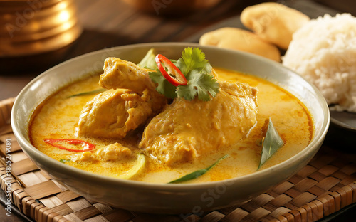 A beautifully plated Indonesian opor ayam featuring tender chicken pieces simmered in a rich, creamy coconut milk sauce with aromatic spices. The golden-yellow curry glistens in a traditional ceramic 