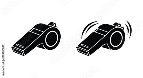 Two black whistle icons one static and one with motion lines