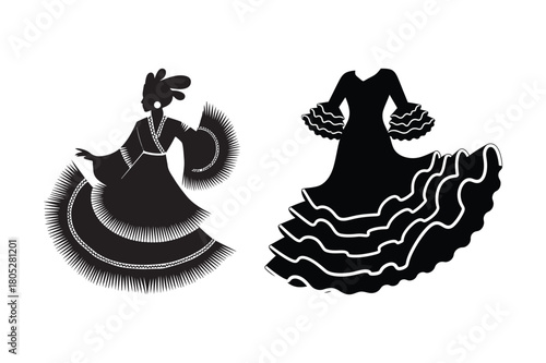 Silhouettes of two dancers in traditional flamenco dresses
