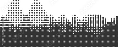 Dense halftone horizontal gradient pattern forming a stylized city-like silhouette with bold dot clusters, modern abstract monochrome design ideal for posters backgrounds digital artwork and geometric