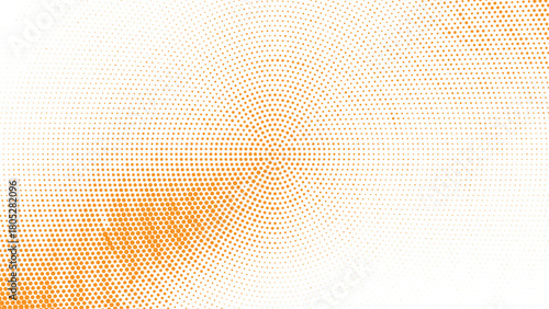 Bright orange halftone starburst background, dynamic radial dot pattern fading smoothly into white space, modern abstract energy design ideal for creative posters, presentations and vibrant digital