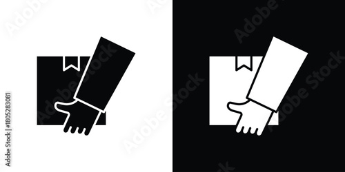 Hand holding box icons in black and white shilhouette style for App Ui