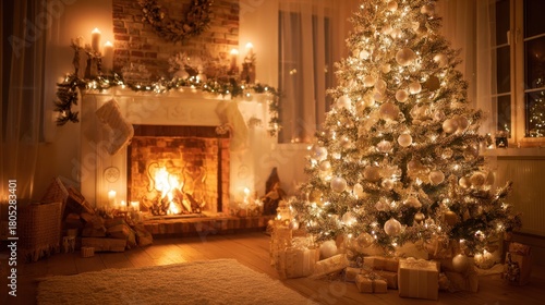 Wallpaper Mural A cozy living room with a fireplace and a large Christmas tree. The room is lit up with candles and the tree is adorned with many ornaments Torontodigital.ca