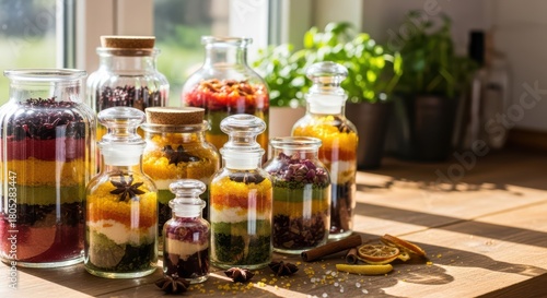 Fototapeta Naklejka Na Ścianę i Meble -  Colorful layered spice jars with herbs and dried citrus in sunlit kitchen