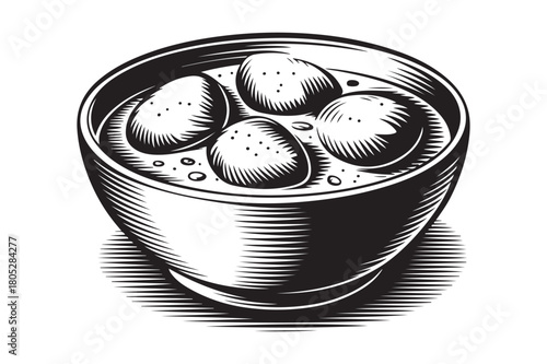Hand drawn sketch of four round dumplings in a bowl of broth