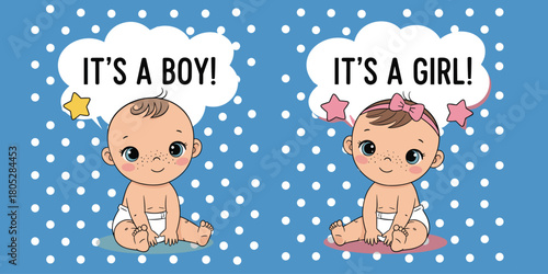 Baby gender reveal, cartoon babies, it's a boy, it's a girl, cute newborns, celebration design, flat vector illustration