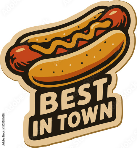 Appetizing cartoon hot dog in a bun with mustard and ketchup, placed above a bold beige banner with black outline.
