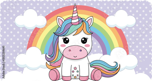 Cute rainbow unicorn sitting on clouds with colorful mane and pastel background, perfect for kids designs and decorations – flat vector illustration
