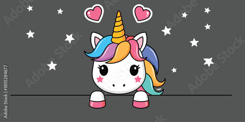 Cute unicorn head, cartoon style, rainbow mane, magical creature, heart stars, dreamy design, kids art, flat vector illustration