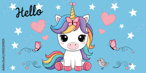 Sitting unicorn, rainbow mane, golden horn, pink hooves, pastel hearts, whimsical theme, hello text, cute character, flat vector illustration