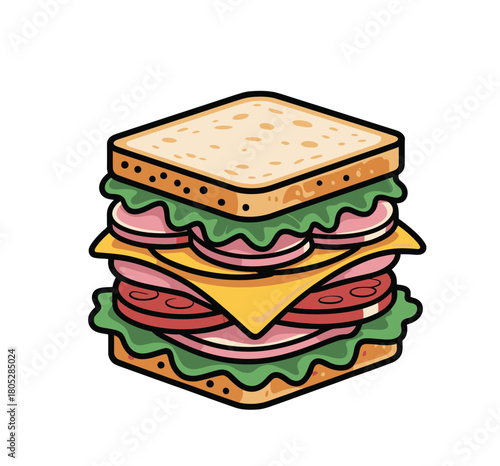 Cartoon sandwich with ham cheese tomato and lettuce on white background 