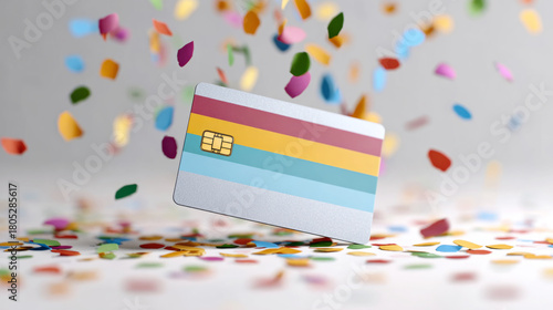 Celebration concept featuring gift card with colorful falling confetti for festive occasions