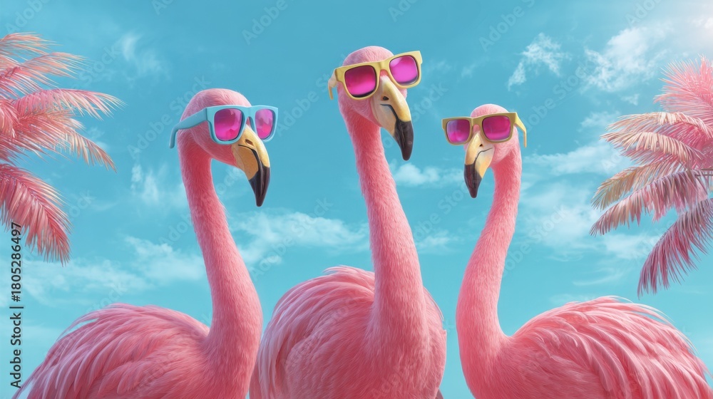 Naklejka premium Three playful flamingos wear colorful sunglasses while standing together. They are surrounded by vibrant palm trees in a bright blue sky conveying a cheerful summer atmosphere.