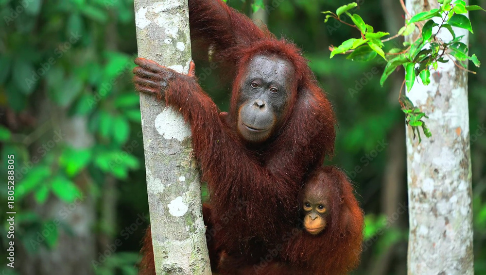 Fototapeta premium Mother Orangutan and Baby Clinging to Tree Trunk infant