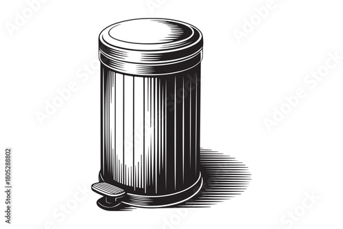 Vintage ink drawing of a tall metal trash can with a foot pedal