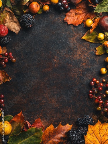 Autumn's bounty is showcased with colorful leaves and berries bordering a dark background, creating an inviting space for fall harvest and thanksgiving themes