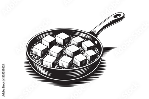 Black and white illustration of cubed tofu cooking in a frying pan