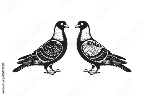 Two black and white pigeons facing each other