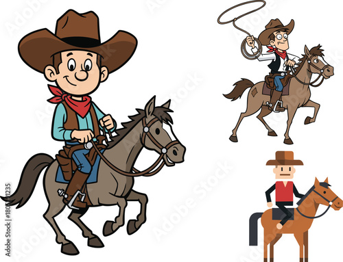 Cartoon cowboy characters riding horses, western ranch adventure illustration, fun lasso action scene perfect for children’s books, education, animation, and creative design projects