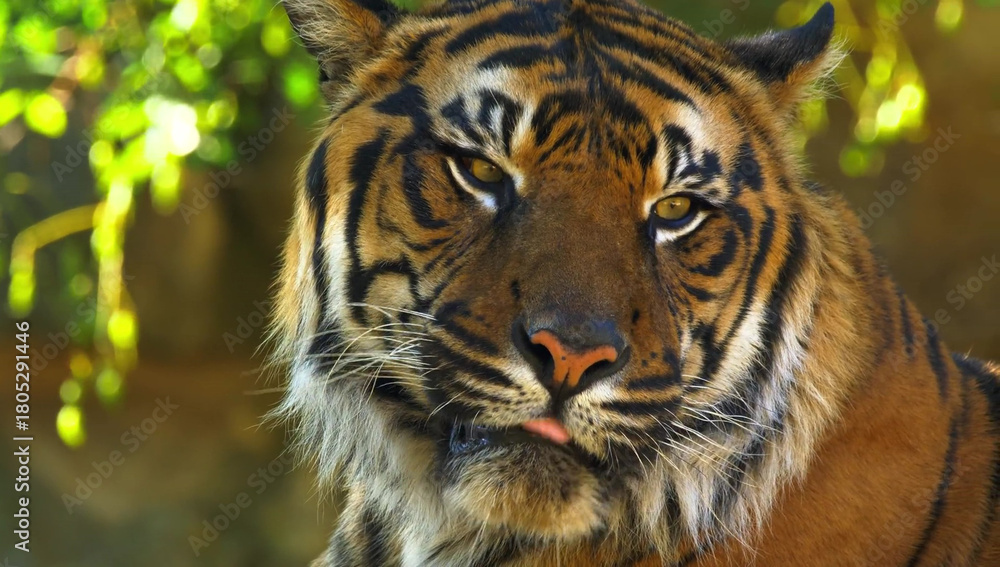 Fototapeta premium Sumatran tiger with tongue sticking out in close up