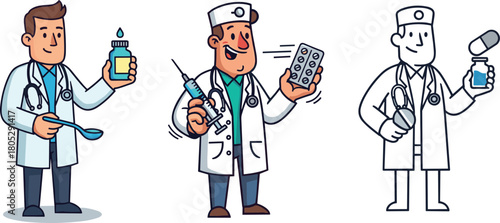 Cartoon doctors holding medicine, syringe, pills, medical tools, healthcare professionals in uniform, pharmaceutical illustration for clinic, hospital, and health education designs