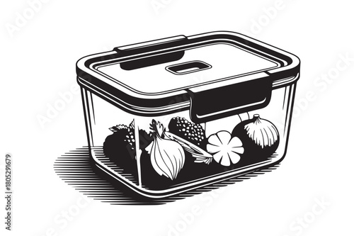 Hand drawn illustration of fresh fruit in a clear food storage container