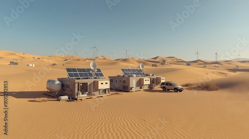 A high-tech desert research base with modular structures, solar arrays, satellite equipment, water storage, wind turbines, and parked vehicles, highlighting human innovation in a vast barren environme