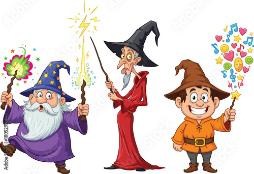 Cartoon wizards casting magical spells with colorful wands, fantasy magician characters illustration, enchanted magic artwork for children’s stories and designs