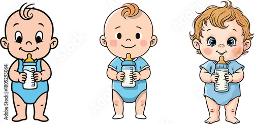 Cute cartoon babies drinking milk from bottles, adorable infant characters, newborn feeding illustration for parenting, childcare, baby products, and nursery designs