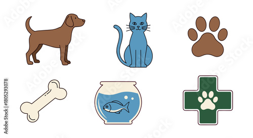 Collection of pet related icons including a dog, cat, fish, bone, paw print and vet cross