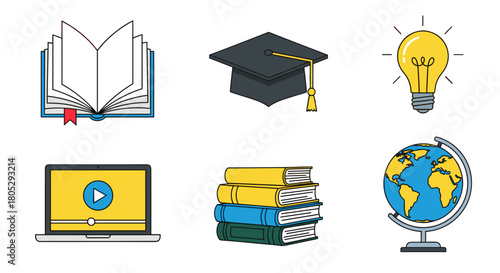 Illustration of open book graduation cap lightbulb laptop stacked books and globe for education theme