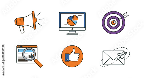 A collection of marketing and business related icons including a megaphone and a target board