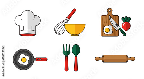 Illustration of kitchen utensils including a chef's hat, whisk, and a frying pan with an egg on white