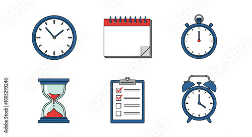 Illustration of various time management tools including a clock calendar and hourglass concept is shown
